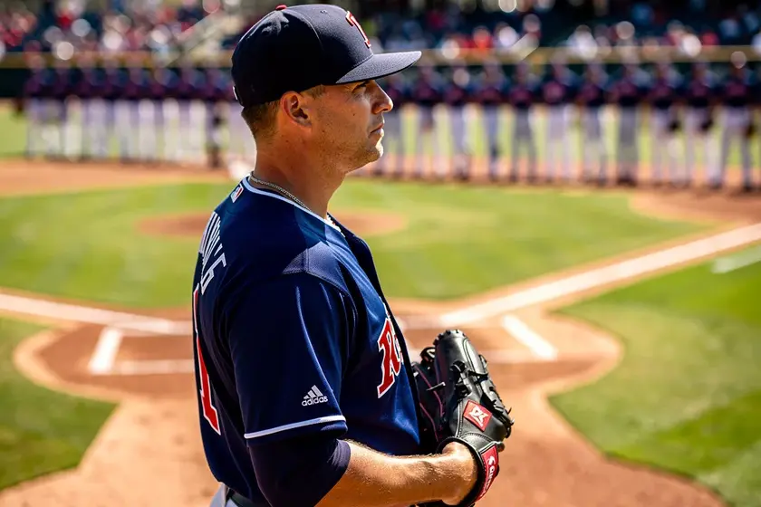 Washington Nationals pitcher warming up at spring training, representing the Zack Littell signing fo